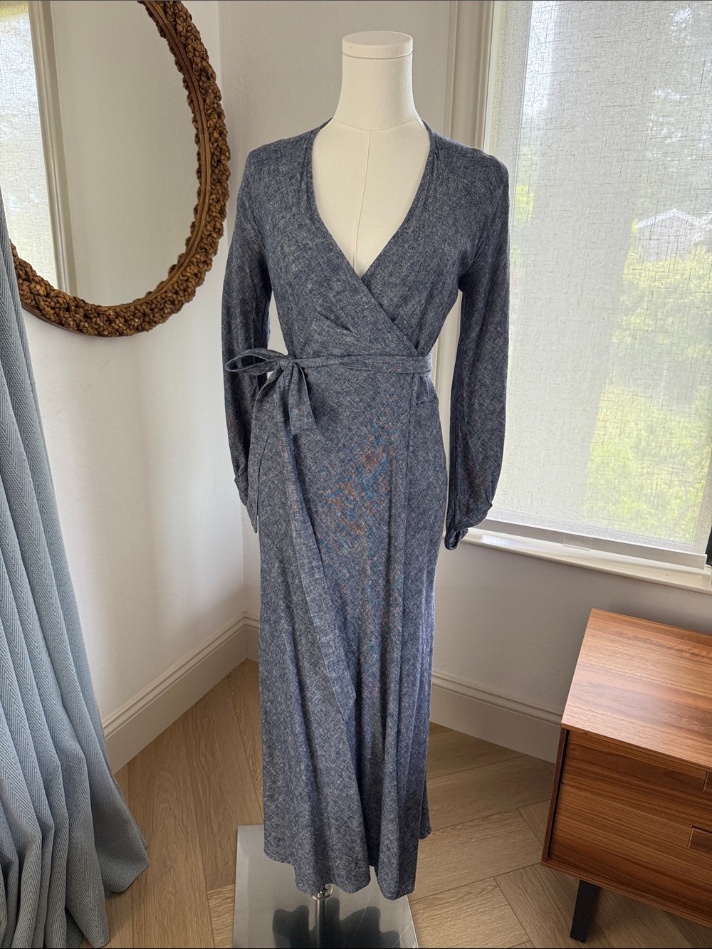 Long Sleeve Wrap Maxi Dress in Heathered Blue